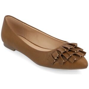 NWT Journee Collection Judy Tan Brown Ruffle Pointed Toe Ballet Flats, Size 7
